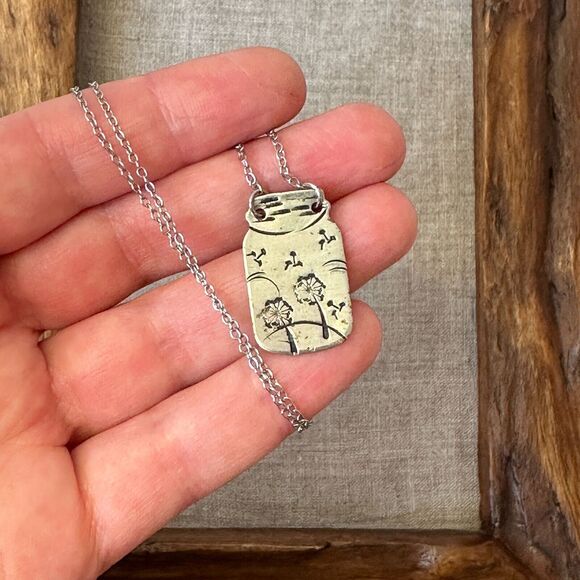 Stamped Silver-tone Metal Mason Jar with Dandelions Pendant Chain Necklace 9" - Picture 7 of 9